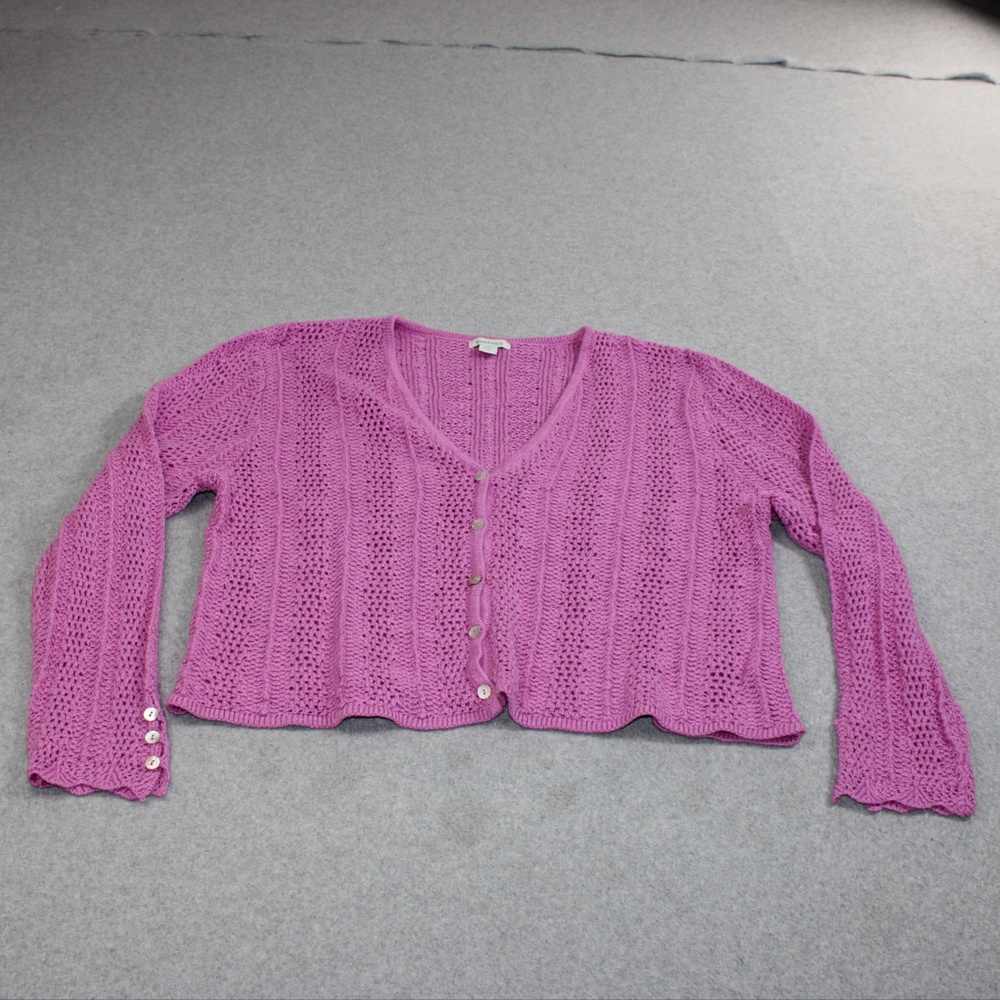 Sundance Cardigan Sweater Women Petite XL Pink Open Knit Button Cropped Scallop